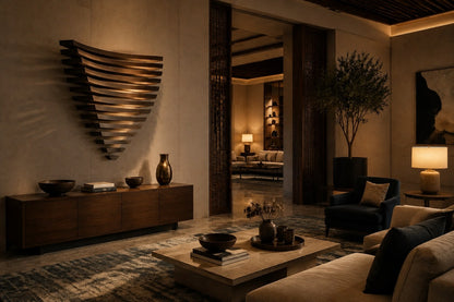 Stacked curved bronze blades tapering downward to a point, mounted on a plaster wall.