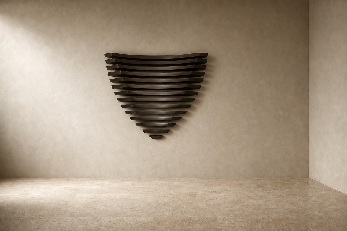 Zill — 150 × 90 cm dark bronze wall sculpture of stacked curved blades forming a fan, studio view of the whole piece