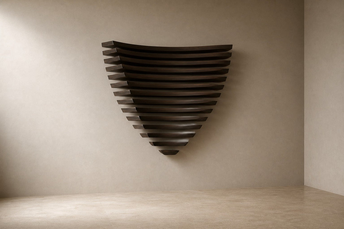 Zill — 150 × 90 cm dark bronze wall sculpture of stacked curved blades forming a fan, three-quarter studio view showing its profile