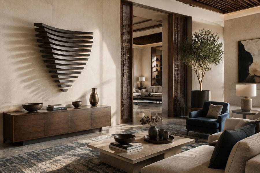 Zill — 150 × 90 cm dark bronze wall sculpture of stacked curved blades forming a fan, placed in a furnished room