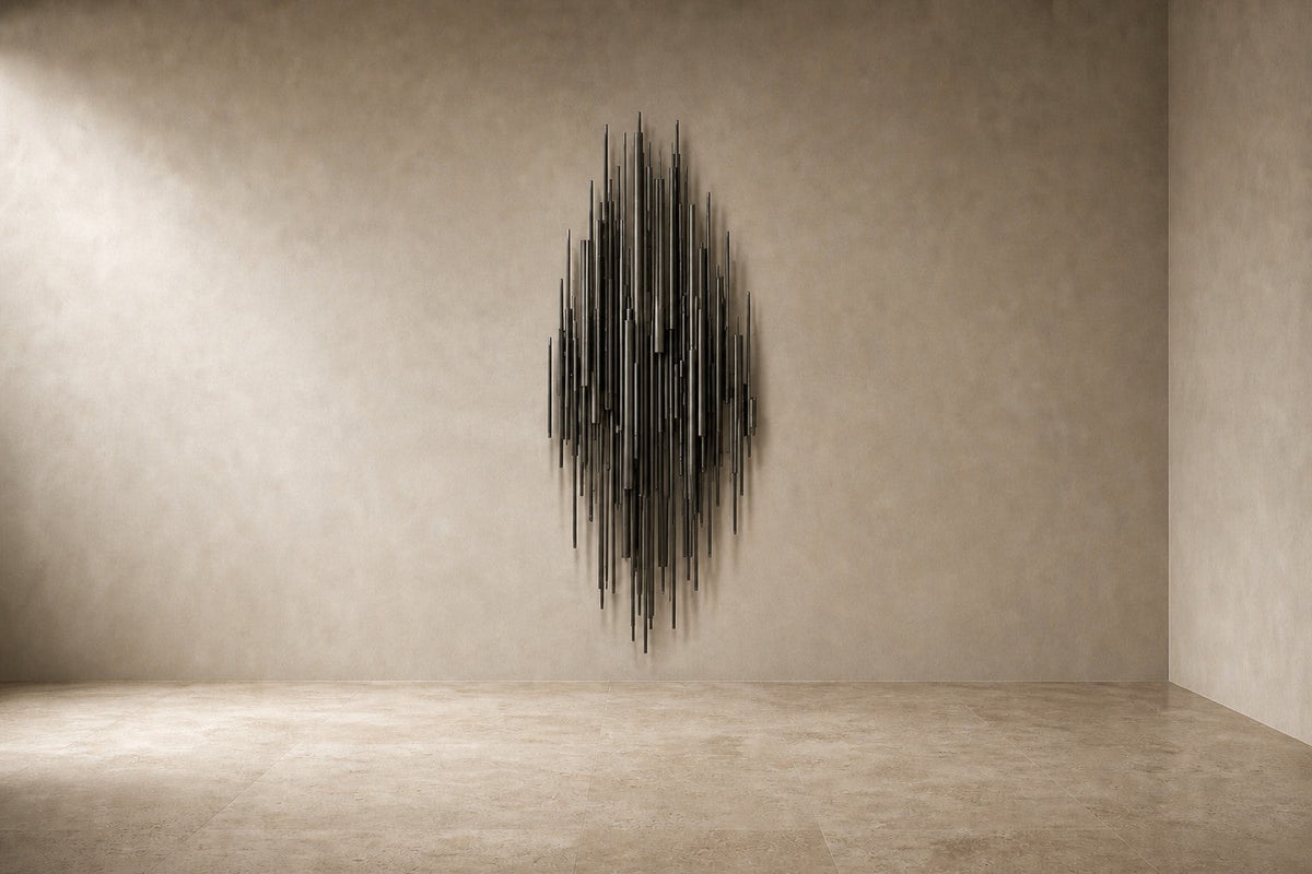 Zulal 150 — 150 cm wall panel of dark stainless steel strands, studio view of the whole piece