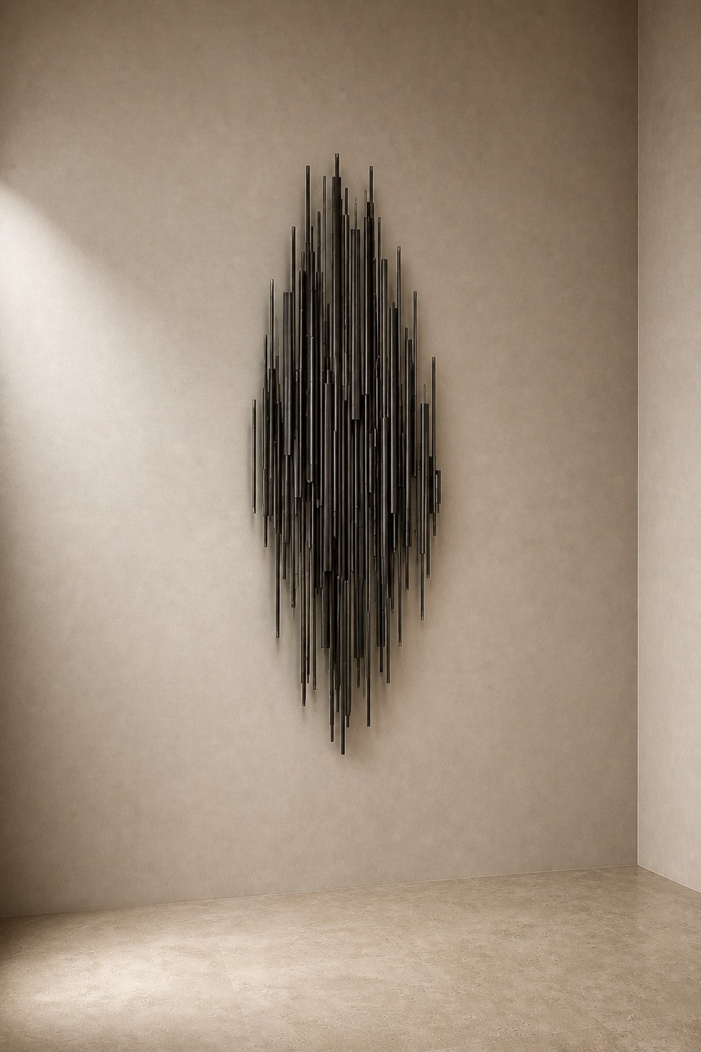 Zulal 150 — 150 cm wall panel of dark stainless steel strands, three-quarter studio view showing its profile