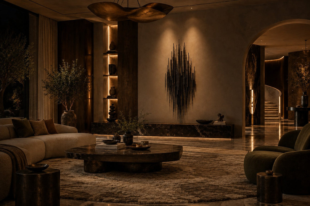 Zulal 150 — 150 cm wall panel of dark stainless steel strands, the same room at night, lamps on
